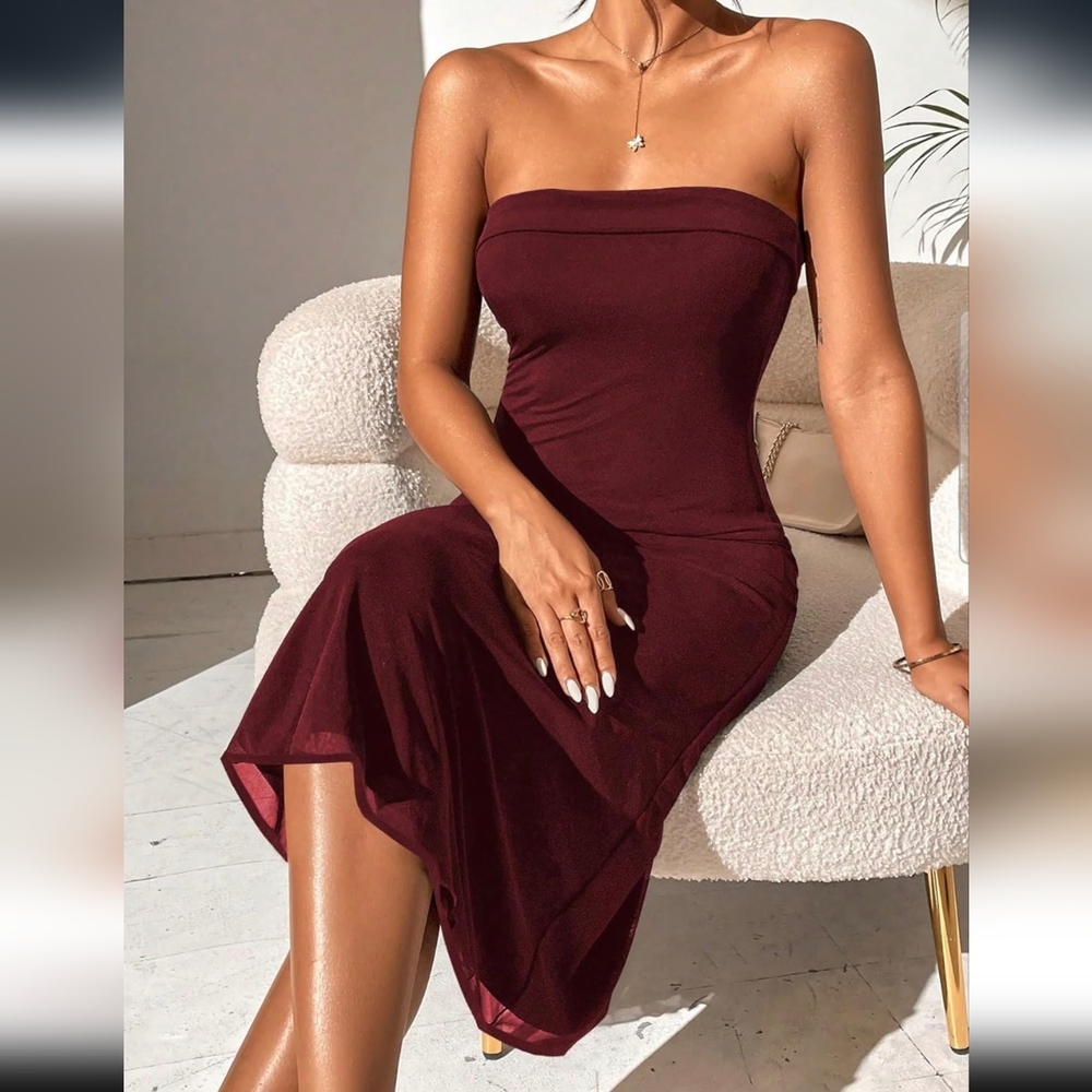 NWT Burgundy Strapless Midi Sheath Dress XXS - Picture 3 of 5